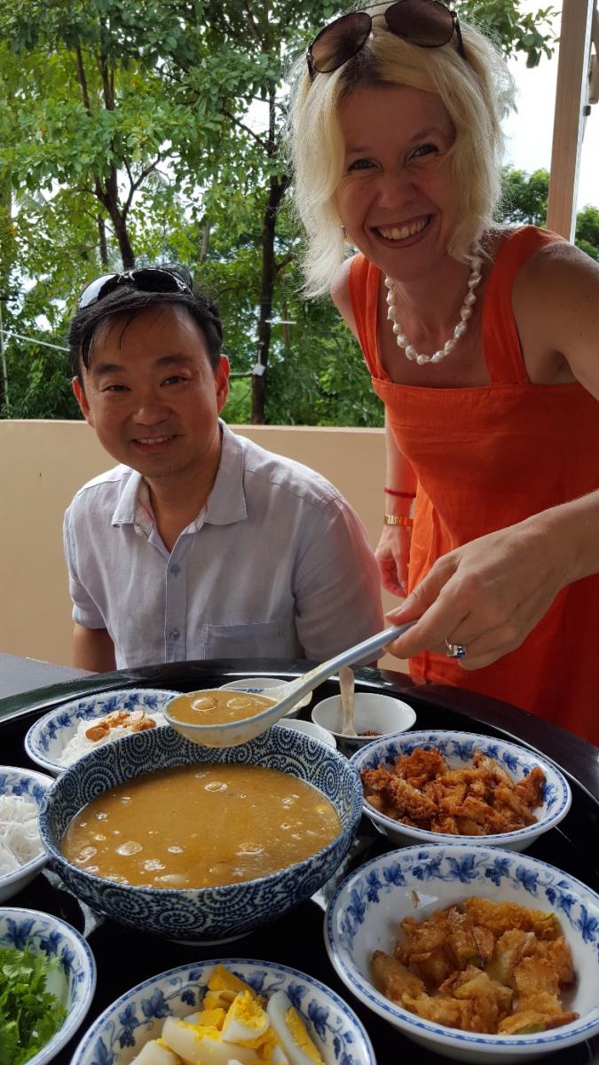 Lucia and Norman Chen sharing Han’s home-cooked Mohingar soup 