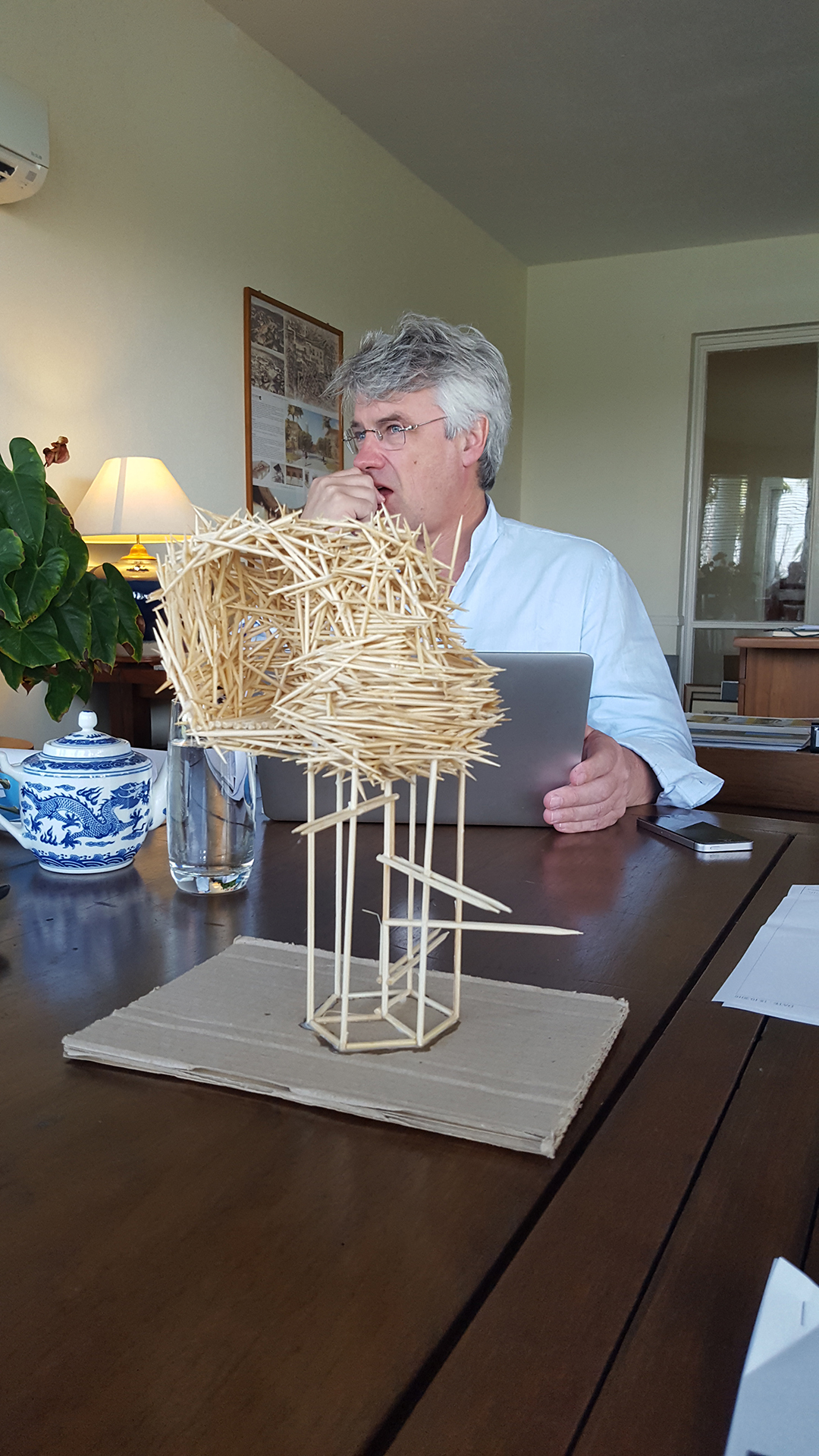 Chris Green presenting options of crafting an air pavilion out of bamboo birds-nest style.